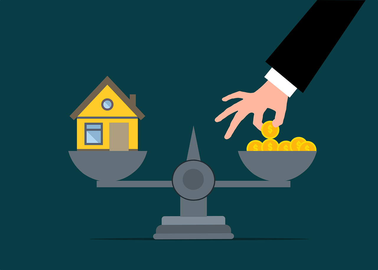 Housing cost balance showing a scale weighing a house against coins