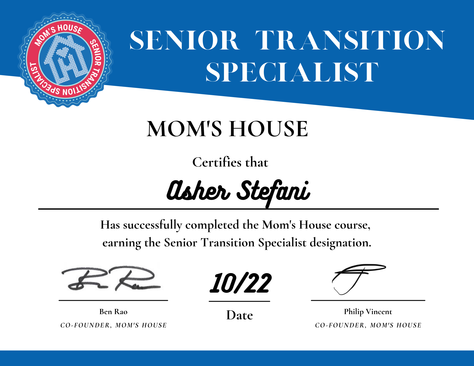 Mom's House Senior Transition Specialist Certification - Asher Stefani