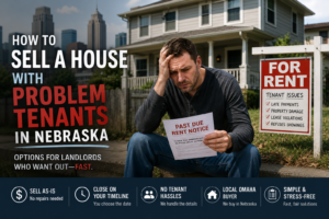Stressed Nebraska landlord sitting outside a rental property while reviewing a past-due rent notice, with signage highlighting common tenant issues and options for selling a rental property fast.