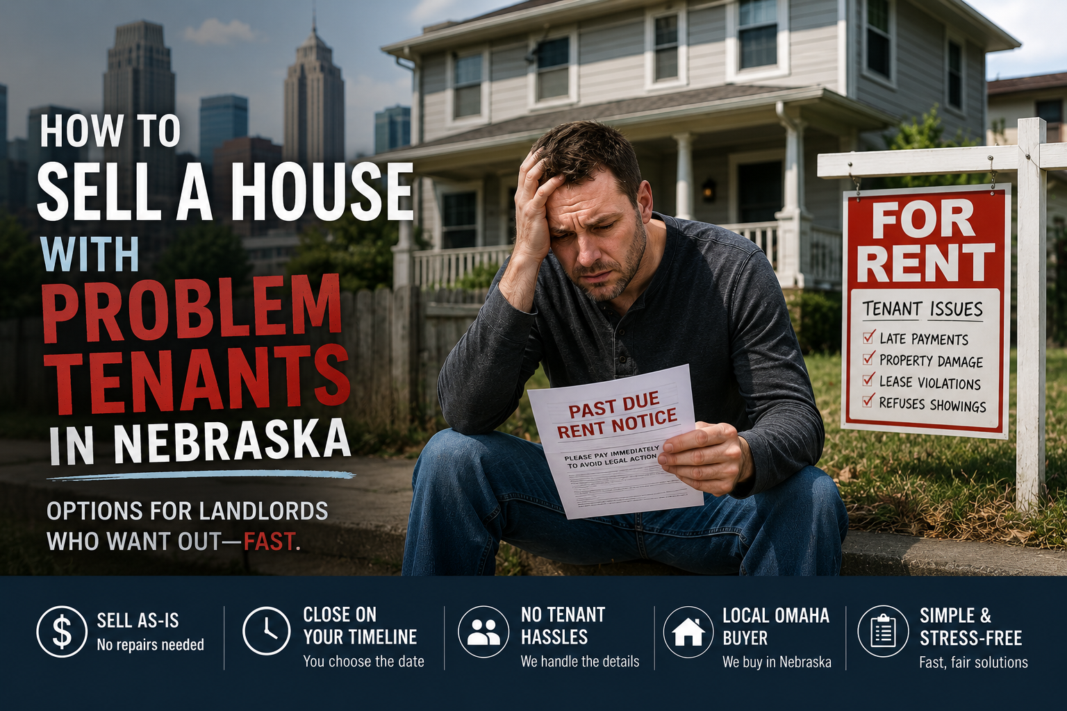 Stressed Nebraska landlord sitting outside a rental property while reviewing a past-due rent notice, with signage highlighting common tenant issues and options for selling a rental property fast.