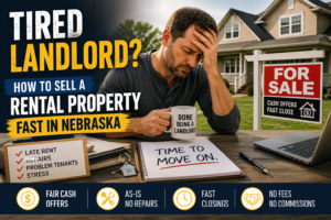 Stressed Nebraska landlord sitting in front of a rental property with a for-sale sign, illustrating options for selling a rental property quickly for cash without repairs or tenant-related hassles.