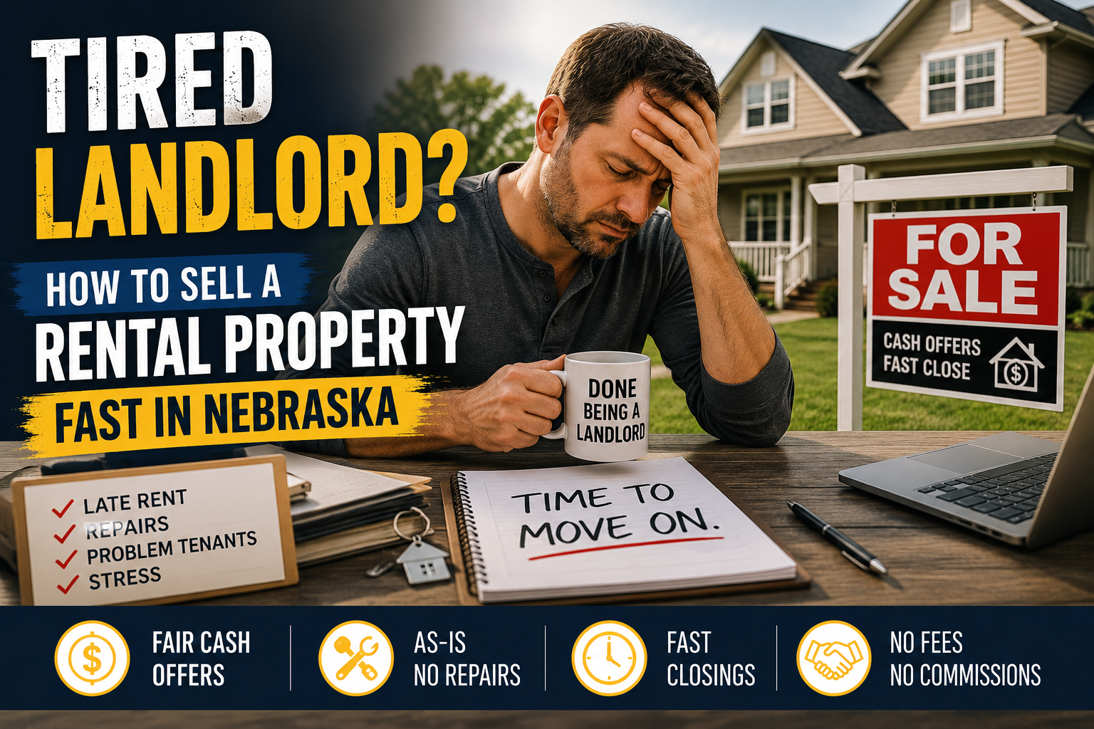 Stressed Nebraska landlord sitting in front of a rental property with a for-sale sign, illustrating options for selling a rental property quickly for cash without repairs or tenant-related hassles.
