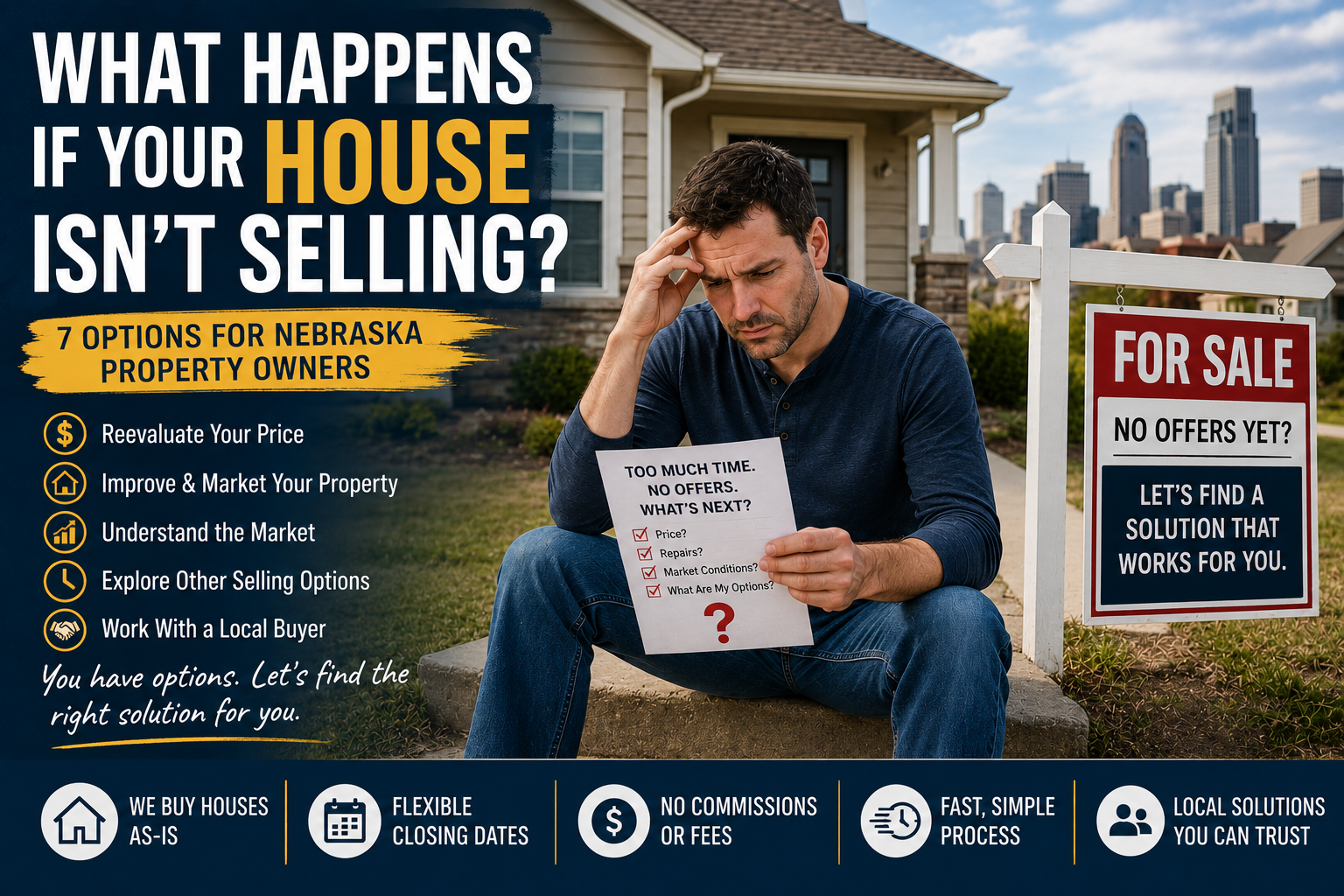 Concerned Nebraska property owner sitting outside a house with a "For Sale" sign after receiving no offers, illustrating options for homeowners whose property isn't selling.