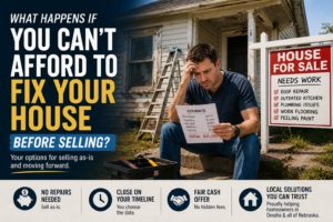 Stressed Nebraska property owner reviewing repair estimates outside a house in need of repairs, illustrating options for selling a property as-is without making costly renovations.