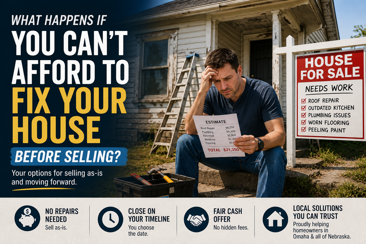 Stressed Nebraska property owner reviewing repair estimates outside a house in need of repairs, illustrating options for selling a property as-is without making costly renovations.