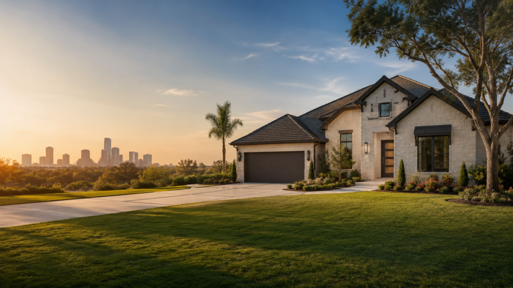 Houston area home with skyline in the background